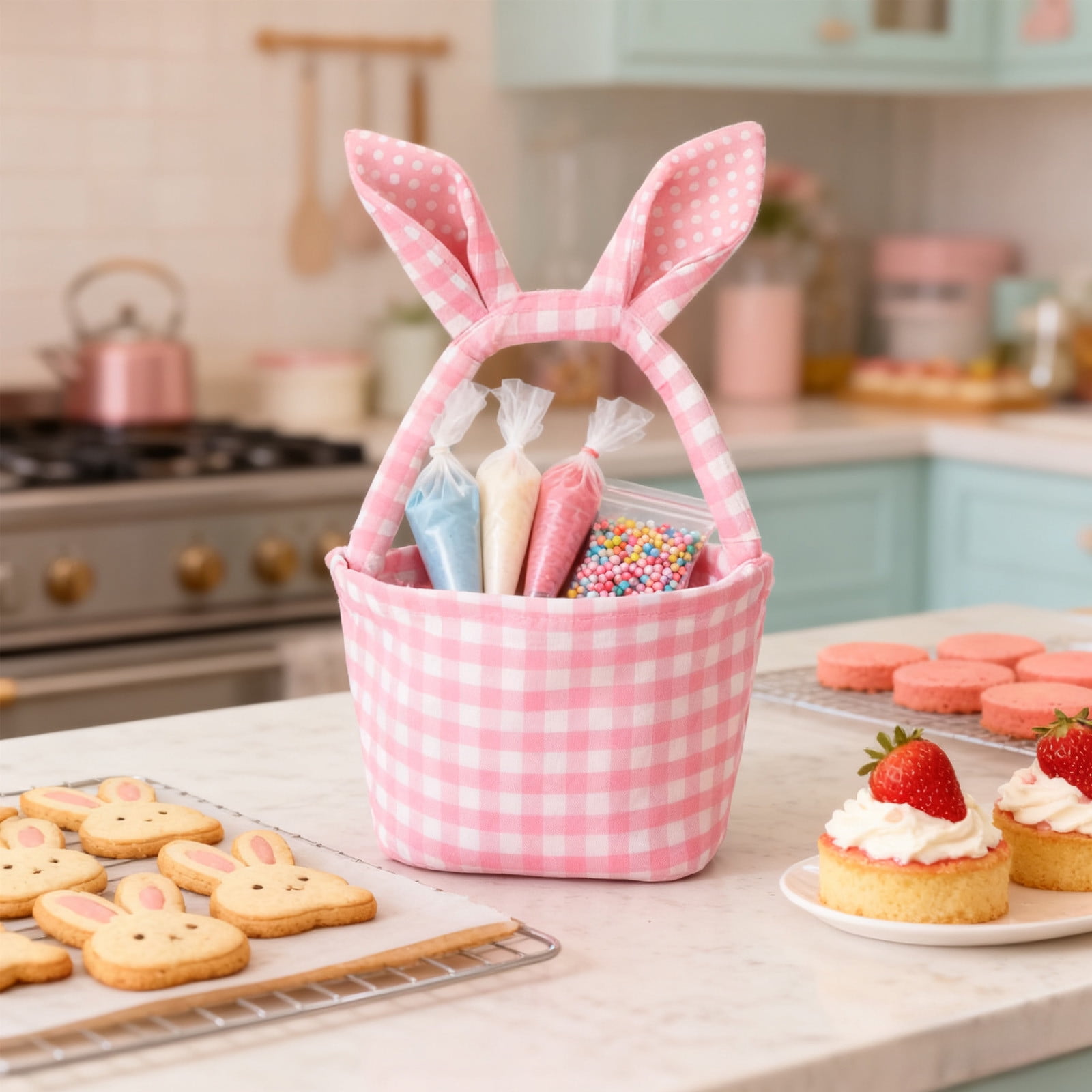 Lunxisen 4 Pcs Easter Bunny Basket Plaid Gingham Easter Buckets with Border Pleat,Cute Easter Basket Tote Easter Eggs Hunt Bag,Easter Decorations,Candy Gifts Storage