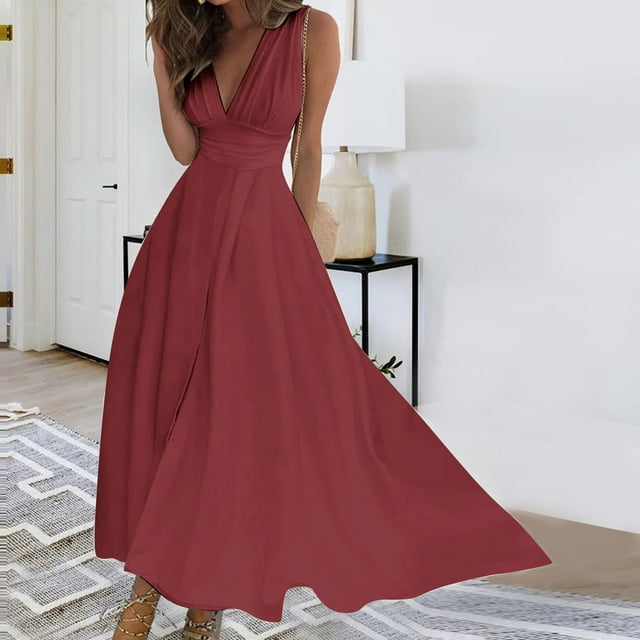 Gspmoly Robes d'Été pour Femmes, Robe Sans Manches de Printemps/été pour Femmes à Col en V Coloré, Poitrine Enveloppée, Robe Longue, Robes d'Été pour Femmes Économies