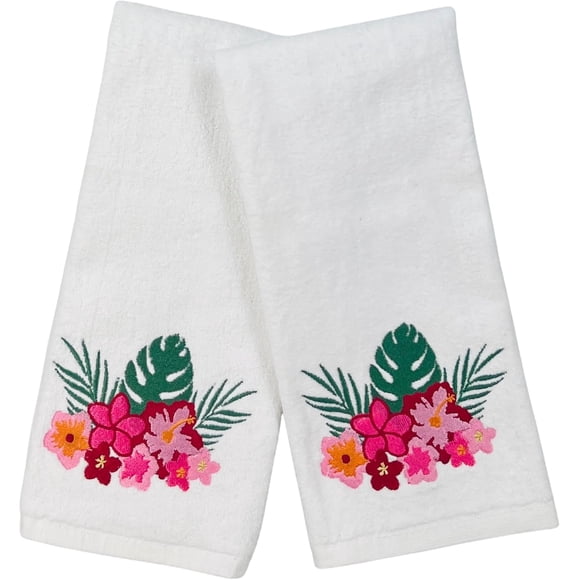 Serafina Home Coastal Bathroom Hand Towels – Set of 2 White 100% Cotton Embroidered Tropical Flowers Design – 25 x 16” Bath & Kitchen Towels Décor
