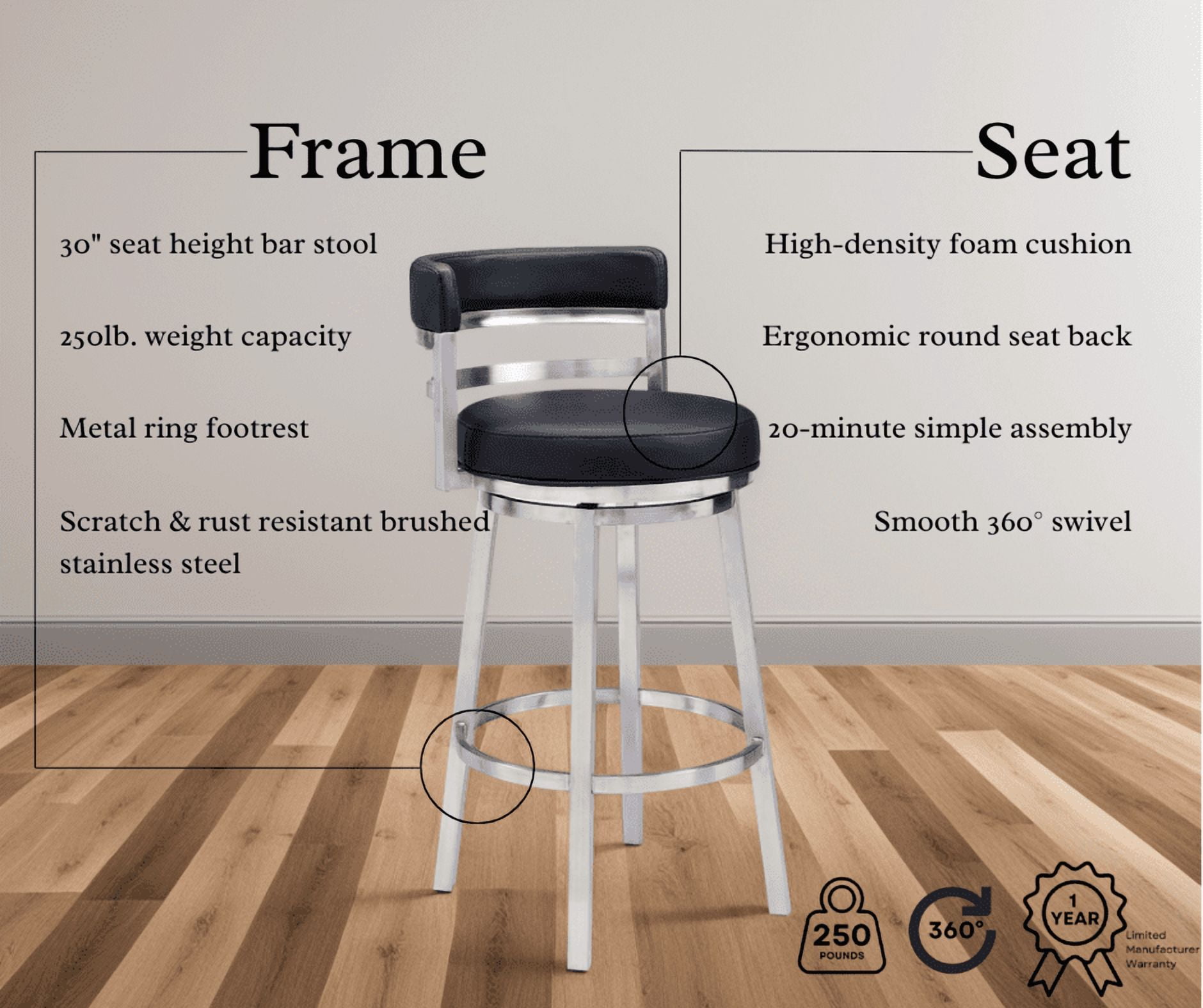 Madrid Bar Stool 30" Seat Height Swivel with Brushed Stainless Steel and Black Faux Leather