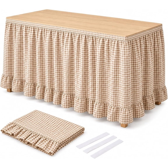 Gingham Table Skirt, 6ft Checkered Desk Cover With Ruffled Hem & Hook Loop Fasteners, Khaki Tablecloth For Teacher Desk Party Display