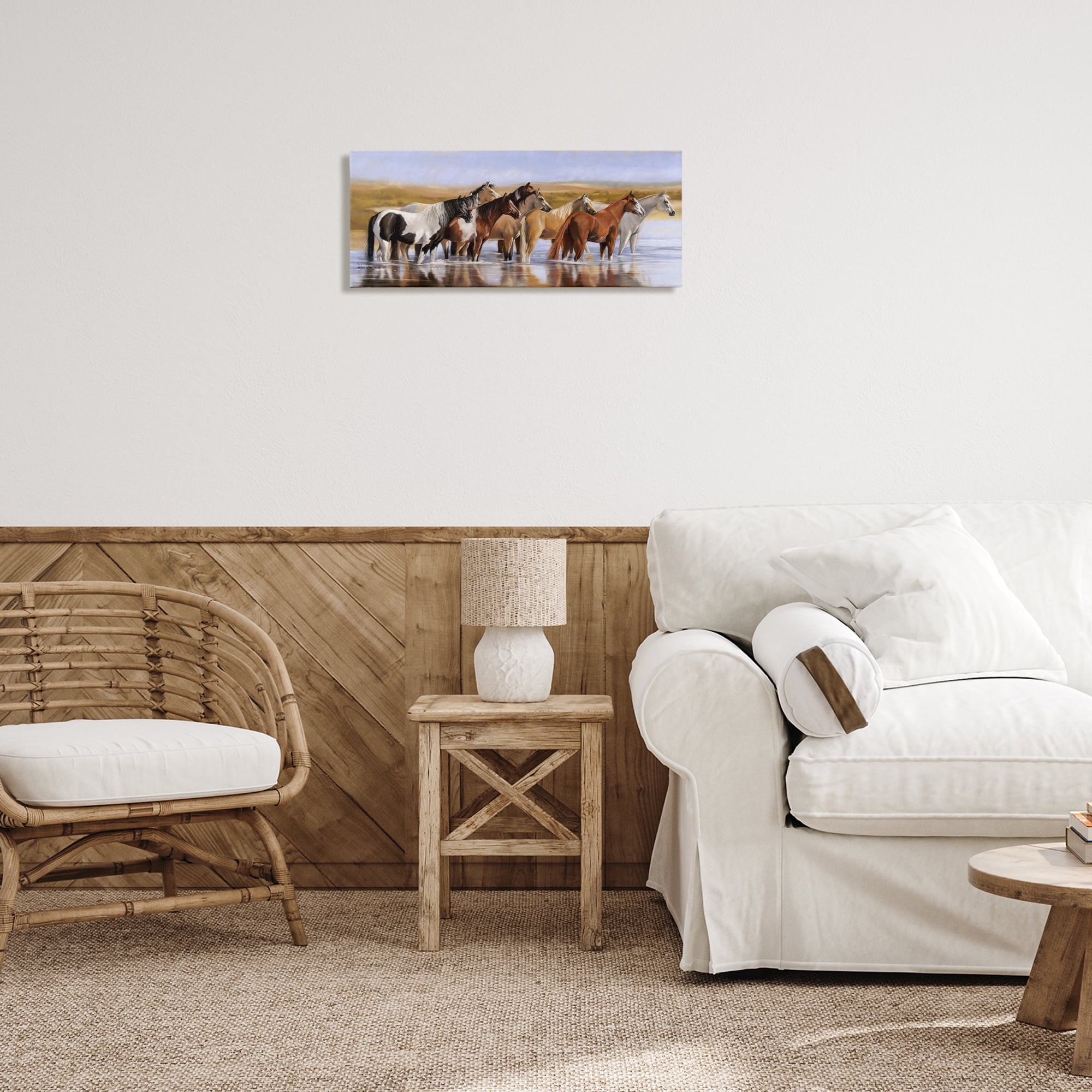 Stupell Industries Horse Herd in River Animals & Insects Painting Gallery Wrapped Canvas Art Print Wall Art, 24 x 10