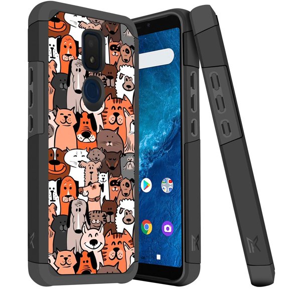 ANJ  Slim Dual Layer Hybrid Shockproof Case   Tempered Glass Cover for Cricket Icon 3, Splendor, AT&T Motivate 2 - Cartoon Cats