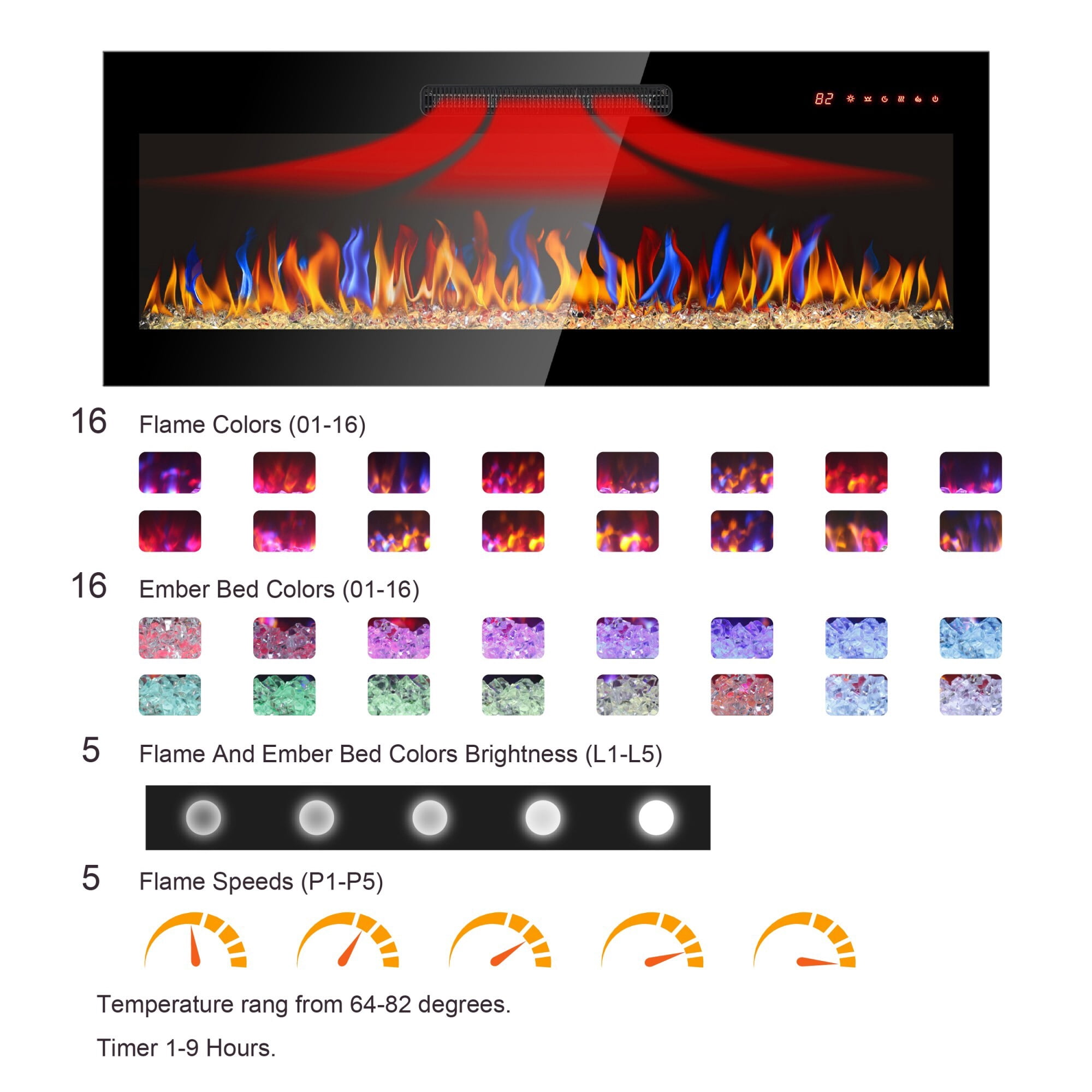 AENKYO 36'' Electric Fireplace with 3D Flame, 16 Colors, Remote Control, Wall Mount/Recessed/Freestanding, Black