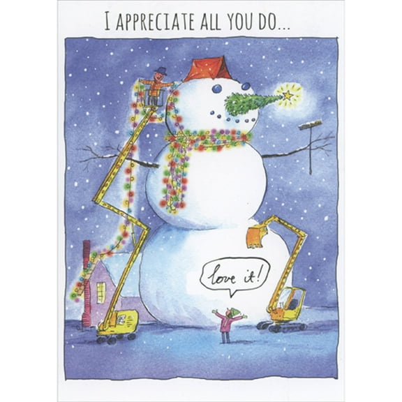 RSVP Man Decorating Huge Snowman in Front of House Christmas Card for Husband