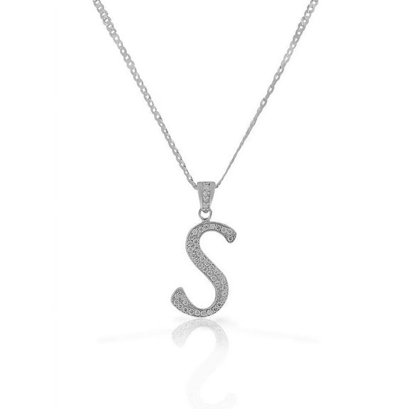 925 Sterling Silver CZ Letter Initial "S" Pendant Necklace - S