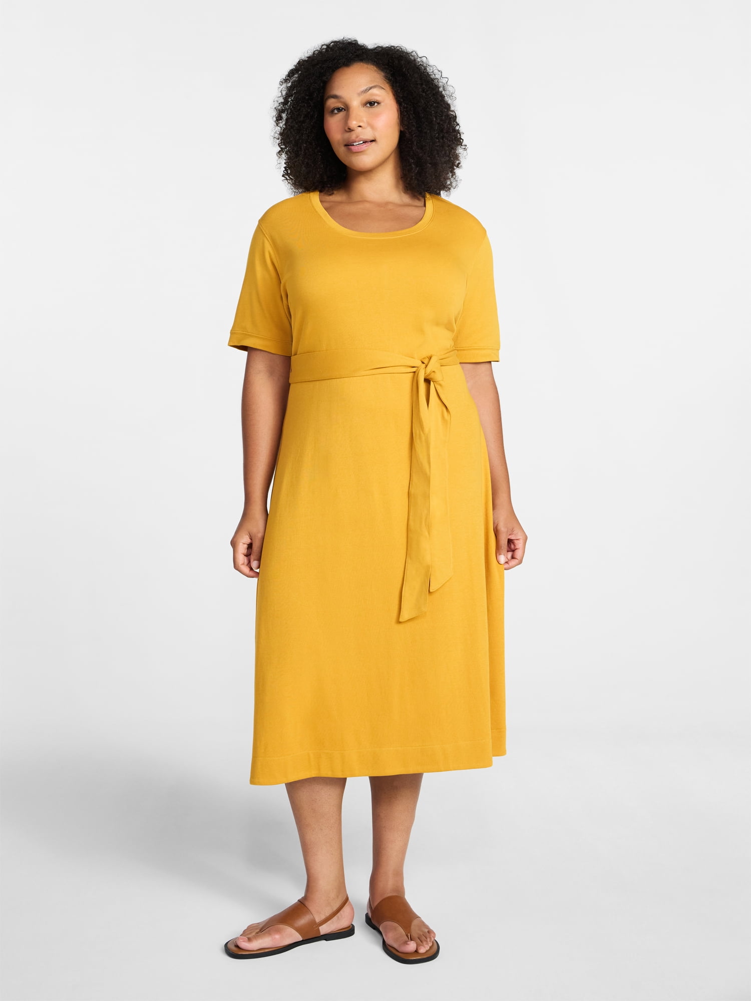 Time and Tru Women's Cotton Tie Front Midi Dress with Short Sleeves, Sizes XS-XXXL