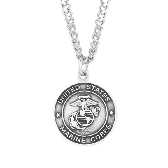 Sterling Silver Marines Medal with Patron Saint St Michael on Reverse Side, 24" Endless Rhodium Plated Stainless Steel Chain Necklace, Made in USA, Deluxe Velvet Gift Box