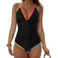 thumbnail image 2 of Wamejoo Women's One Piece 2025 Tummy Control Swimsuits Neon Color Block Swimwear Deep V Neck Slimming Bathing Suit (Black, XXL), 2 of 8