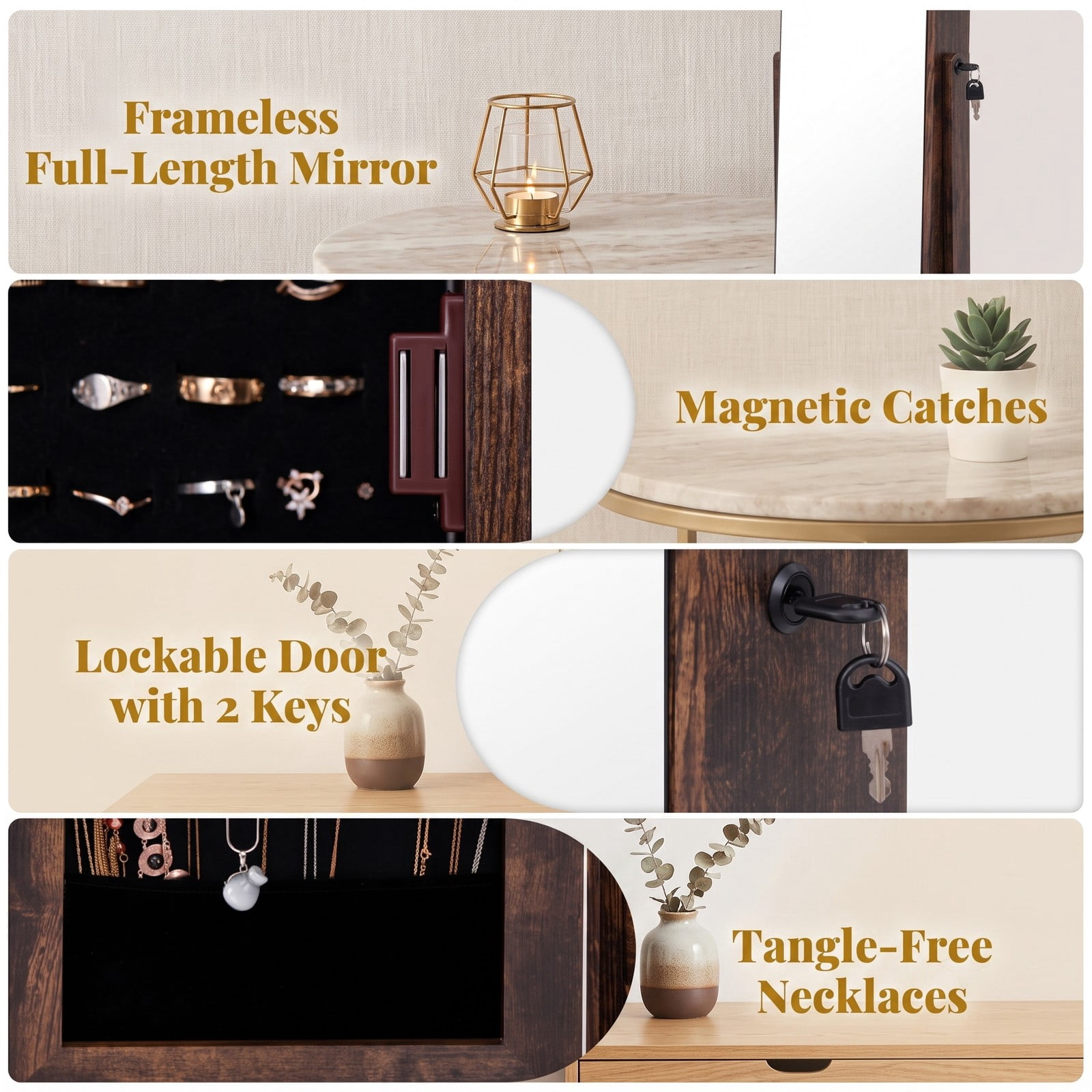 Furnibear Wall and Door Mounted Jewelry Cabinet with Full-Length Mirror, 4 Drawers, and 96 LED Lights for Bedroom Storage, Rustic Brown