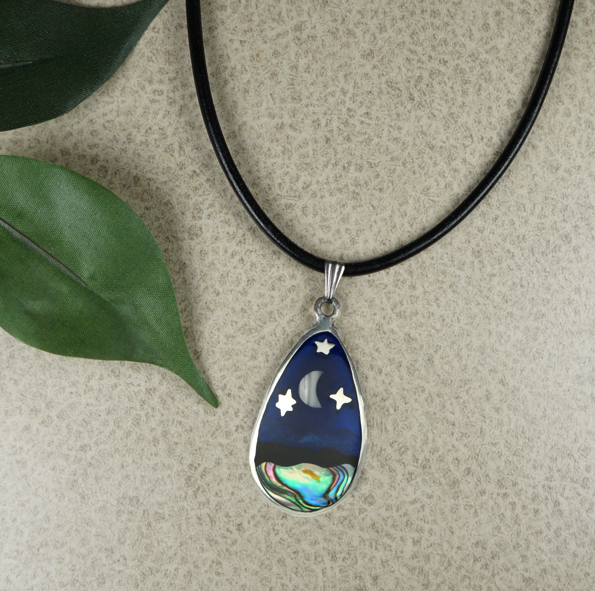 Unisex Abalone Moon and Stars Greek Leather Cord Necklace - 24