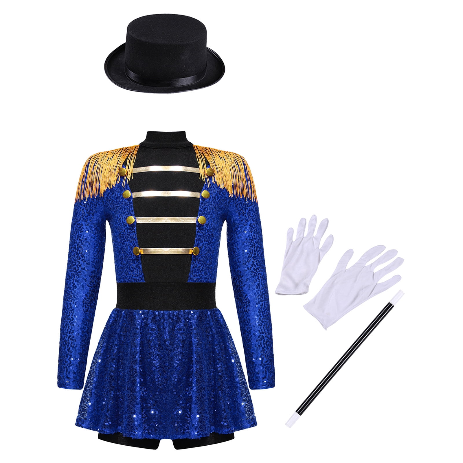 iiniim Girls Circus Ringmaster Jumpsuit Shiny Sequins Performance Leotard Dress Magician Outfits Blue 6