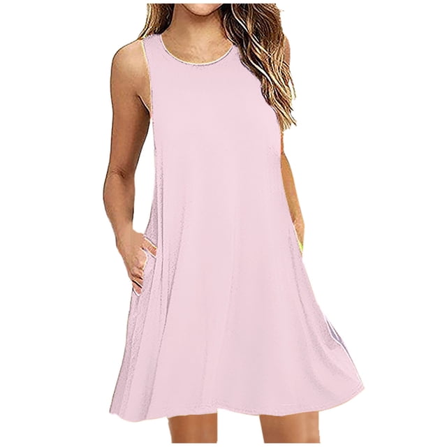 Penkiiy Robes d'Été pour Femmes Sans Manches Ligne A Robe de Plage Ample Décontractée Robe Débardeur Robe T-Shirt avec Poches m Rose