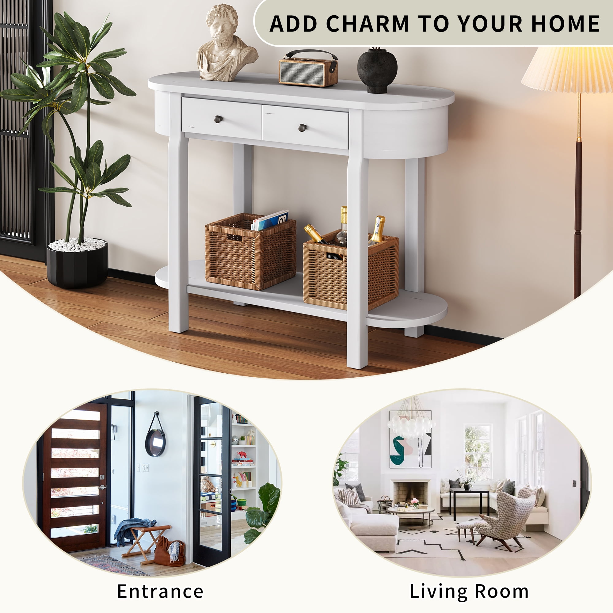 EUROCO 40" Narrow Console Table,Retro Entryway Table with Open Storage Shelf, 2 Drawers and Corner-Curved Design,Sofa Table Behind Couch for Entryway, Hallway and Living Room,Antique White