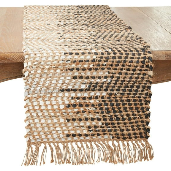 Fennco Styles Two-Tone Jute Leather Table Runner with Fringe 16" W X 72" L - Black & White Woven Rustic Table Cover for Home, Dining Room Décor, Banquets, Family Gatherings