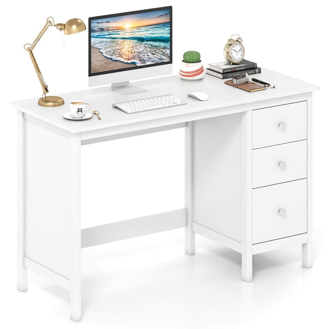 Costway Computer Desk with 3 Drawers 48" Wide Writing Desk with Storage Anti-tip Kit White