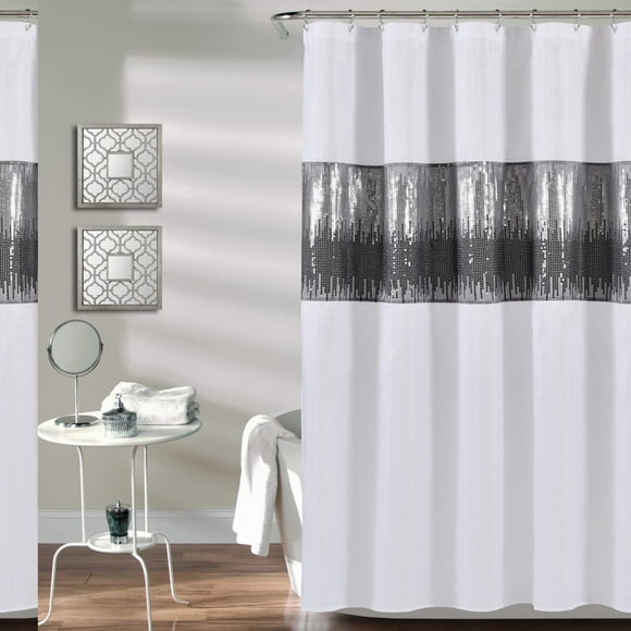 Rideau de Douche Glam Étoilé - Paillettes Bicolores Chics, Design Moderne de Bloc de Couleur, 72 x 72, Blanc