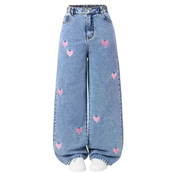 BFHHYA Youth Girls Wide Leg Jeans Heart Embroidered High Waist Denim Pants Tween Y2k Trendy Streetwear Size 5-15 Years