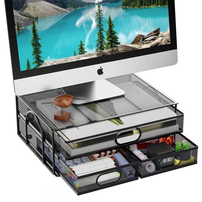 Monitor Stand with 3 Storage Drawers, Black photo 1