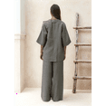 thumbnail image 4 of Gdvsclr Women'S 2 Piece Outfits Solid Color Long Sleeve Linen Pants Suit Shirt Wide Leg Tracksuit Casual Straight Pants Grey L, 4 of 7