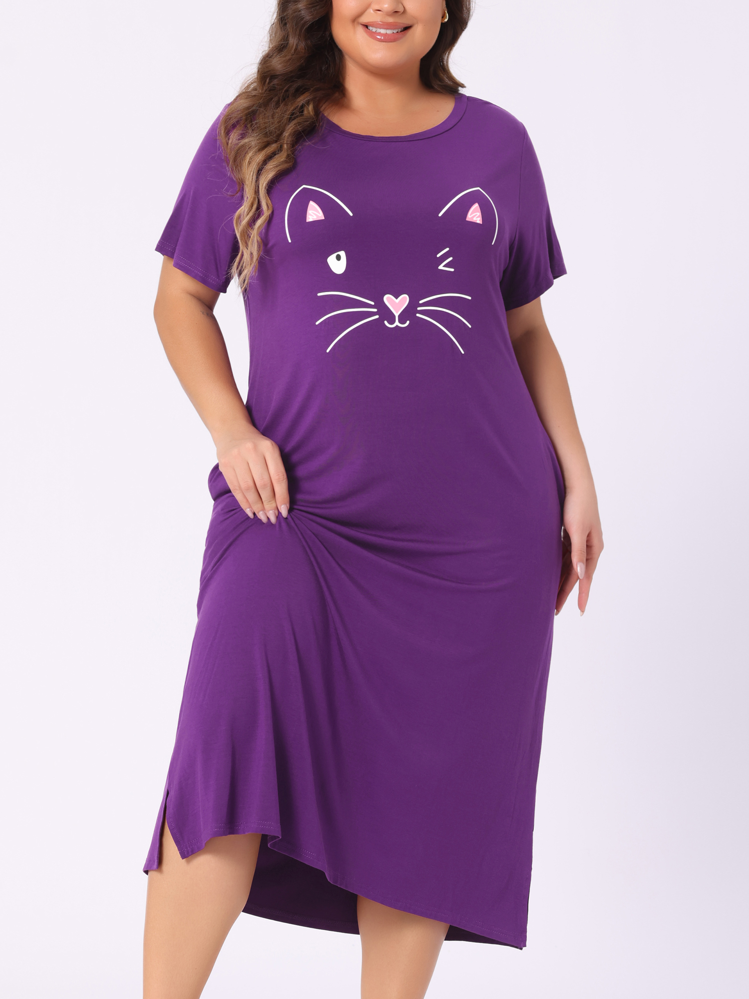 Unique Bargains Women's Plus Size Cute Cat Print Pockets Nightgown 3X Dark Purple
