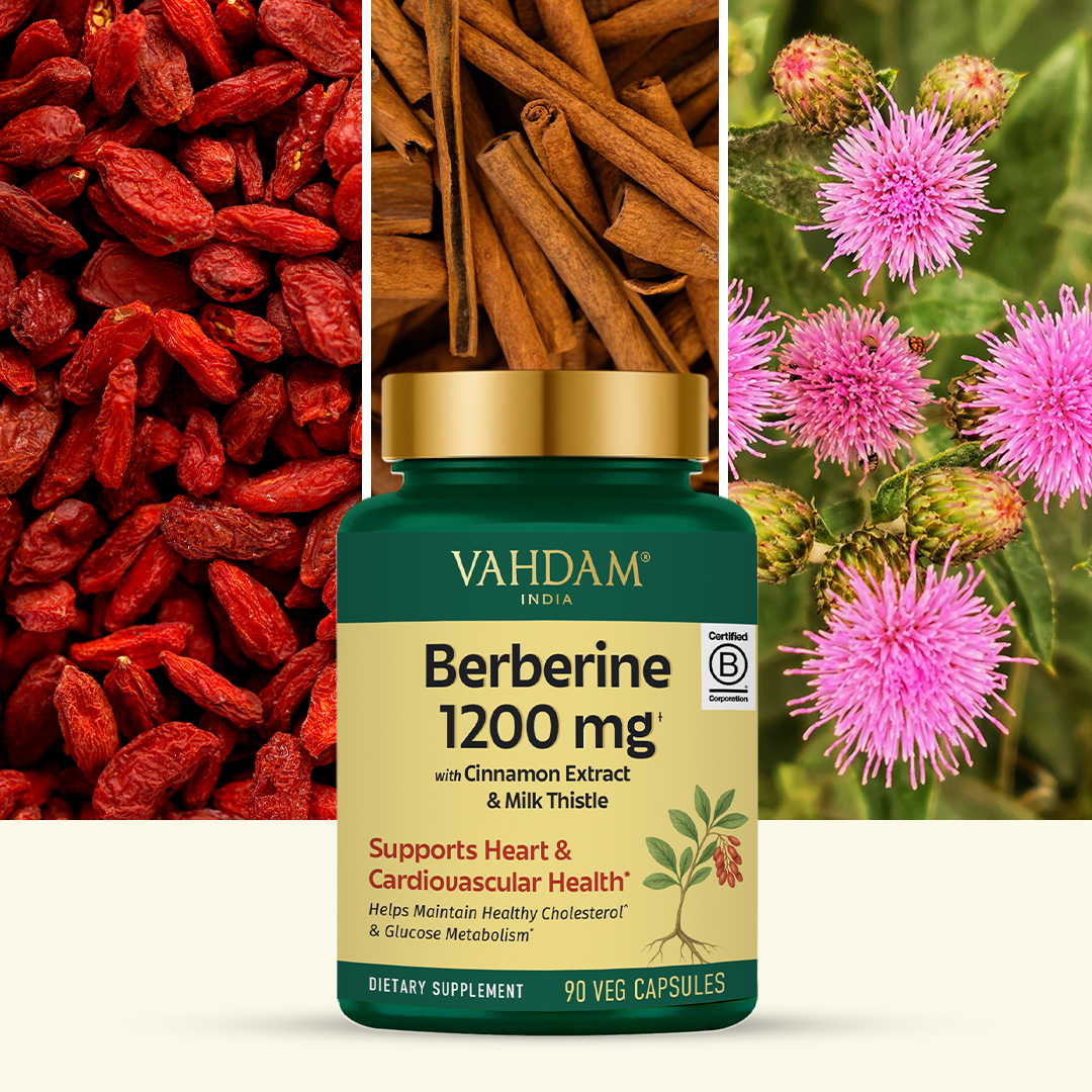 VAHDAM Berberine 97% HCL 1200mg Extract with Cinnamon and Milk Thistle | Supports Heart Health and Helps Maintain Healthy Cholesterol & Glucose Metabolism | 90 Veg Capsules