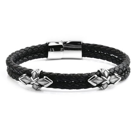 Antiqued Stainless Steel Cross Accents Double Black Braided Leather Bracelet (13mm Wide), 8.5