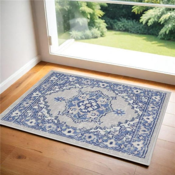 HomeRoots  2 x 3 ft. Floral Rectangle Area Rug, Gray & Blue