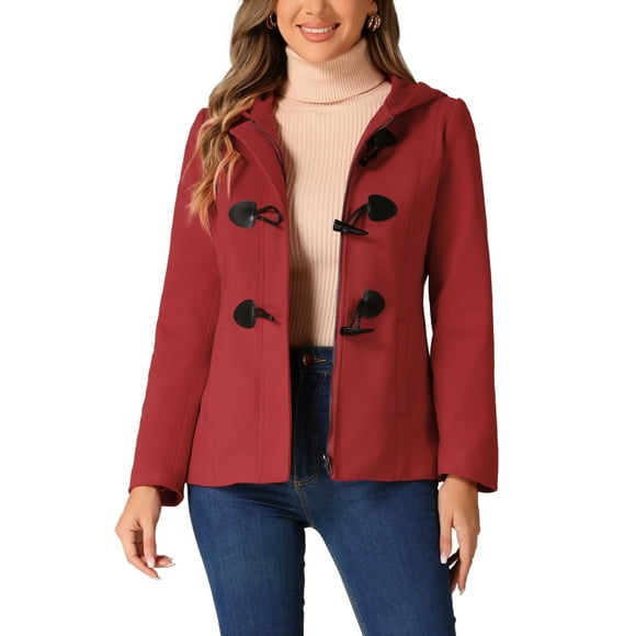 Allegra K Women's Toggle Duffle Coat Zipper Front Solid Cropped Hooded Anorak S Red