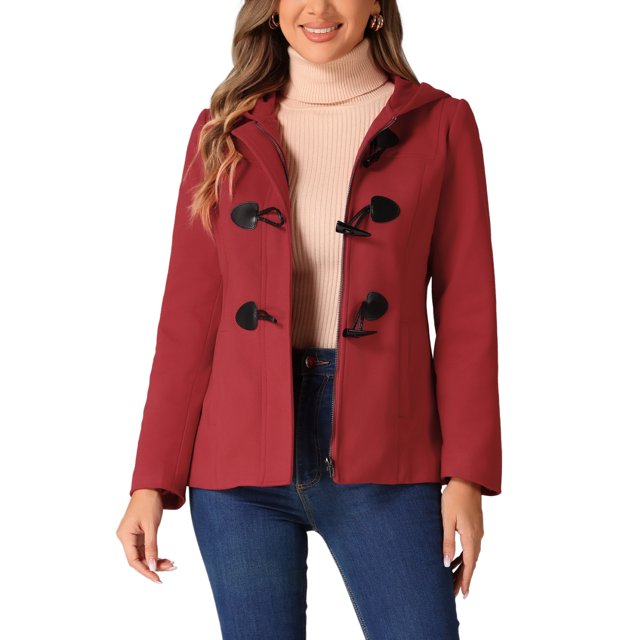 Abrigo Duffle con Cierre Frontal para Mujeres Inspire Chic, Capucha, Corto, S, Rojo