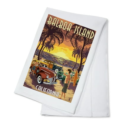 Balboa Island, California, Woodies on the Beach (100% Cotton Tea Towel, Decorative Hand Towel, Kitchen and Home)