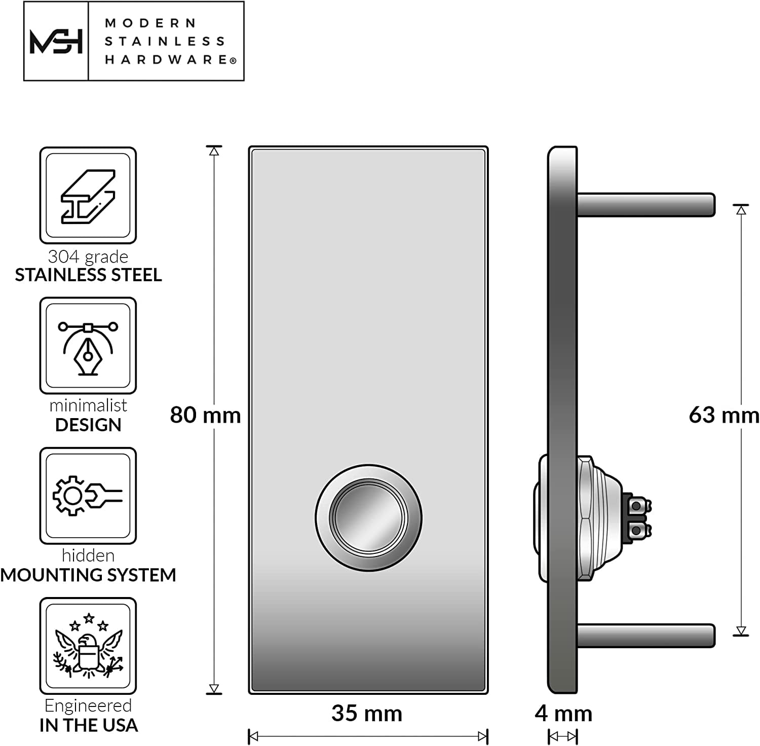 Modern Stainless Hardware R2 Stainless Steel Doorbell Button, 1.37” x 3.14” x 5/32”, 4mm Thick