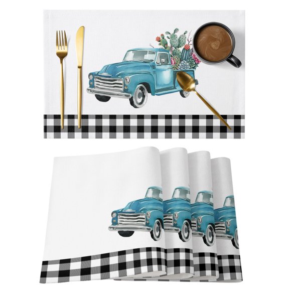 Farmhouse Placemats Set of 12, Summer Car with Cactus Succulents Country Black Plaid Non-Slip Place Mats Washable Table Mats for Kitchen Dining Table Decorations Indoor/Outdoor