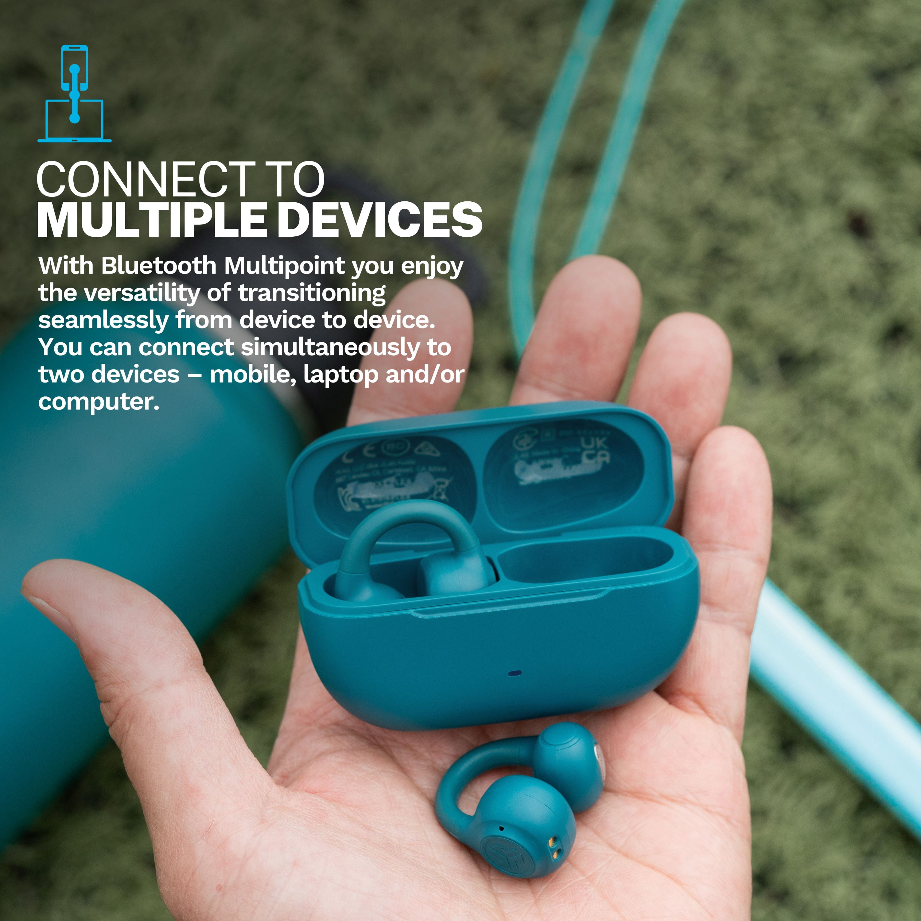 JLab Flex Open Earbuds, Teal, Open-Ear Clip Design, 21+ Hr Playtime, IPX4, Multipoint, Clear Calls, Fast Pair