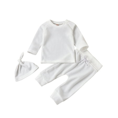 

Calsunbaby 3 Pieces Baby Suit Set Round Neck Long Sleeve Pullover+ Trousers+ Hat