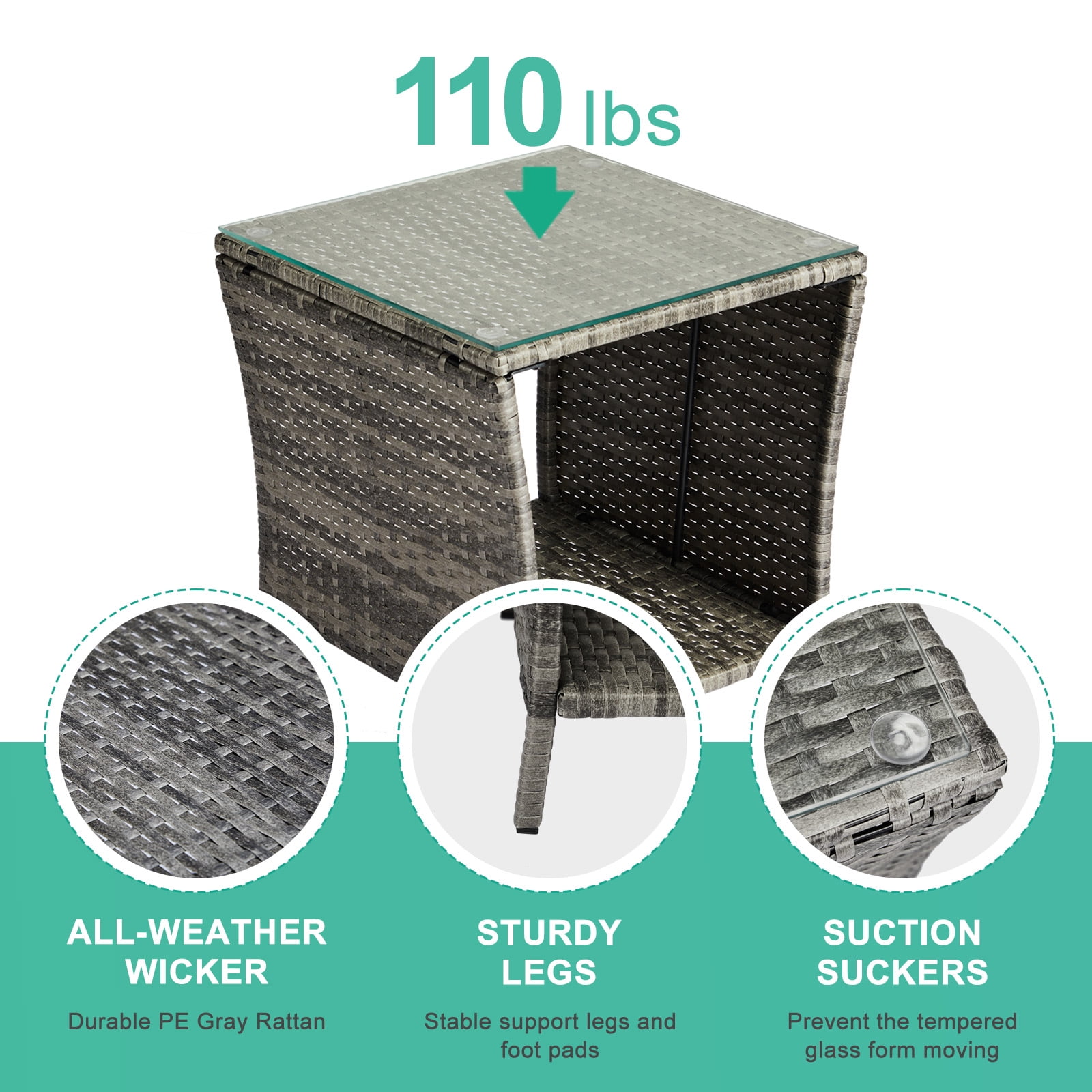 Gray Outdoor PE Rattan Tempered Glass Side Table Sturdy Iron Frame Patio End Table With Storage Shelf Weather Resistant Accent Table For Garden Backyard Balcony Porch Indoor Outdoor Furniture