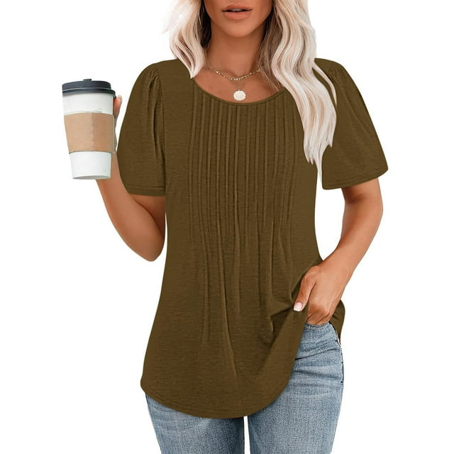 asjyhkr T-Shirt pour Femme pour Sortir à Manches Courtes Col Ras du Cou Plissé T-Shirts d'Été Décontractés Tunique Ample