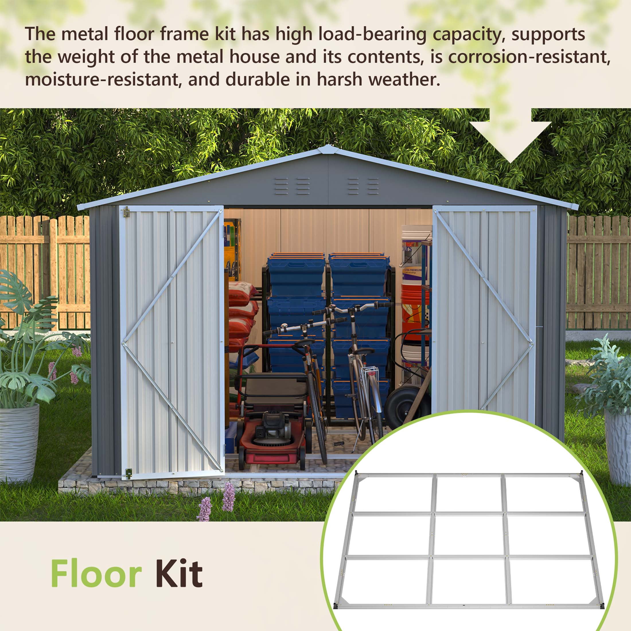 LZBEITEM 10 x 12 ft. Outdoor Storage Shed with Floor Frame Kit, Galvanized Steel Garden Shed, Metal Tool Sheds with Double Lockable Doors for Backyard Patio Lawn, Gray