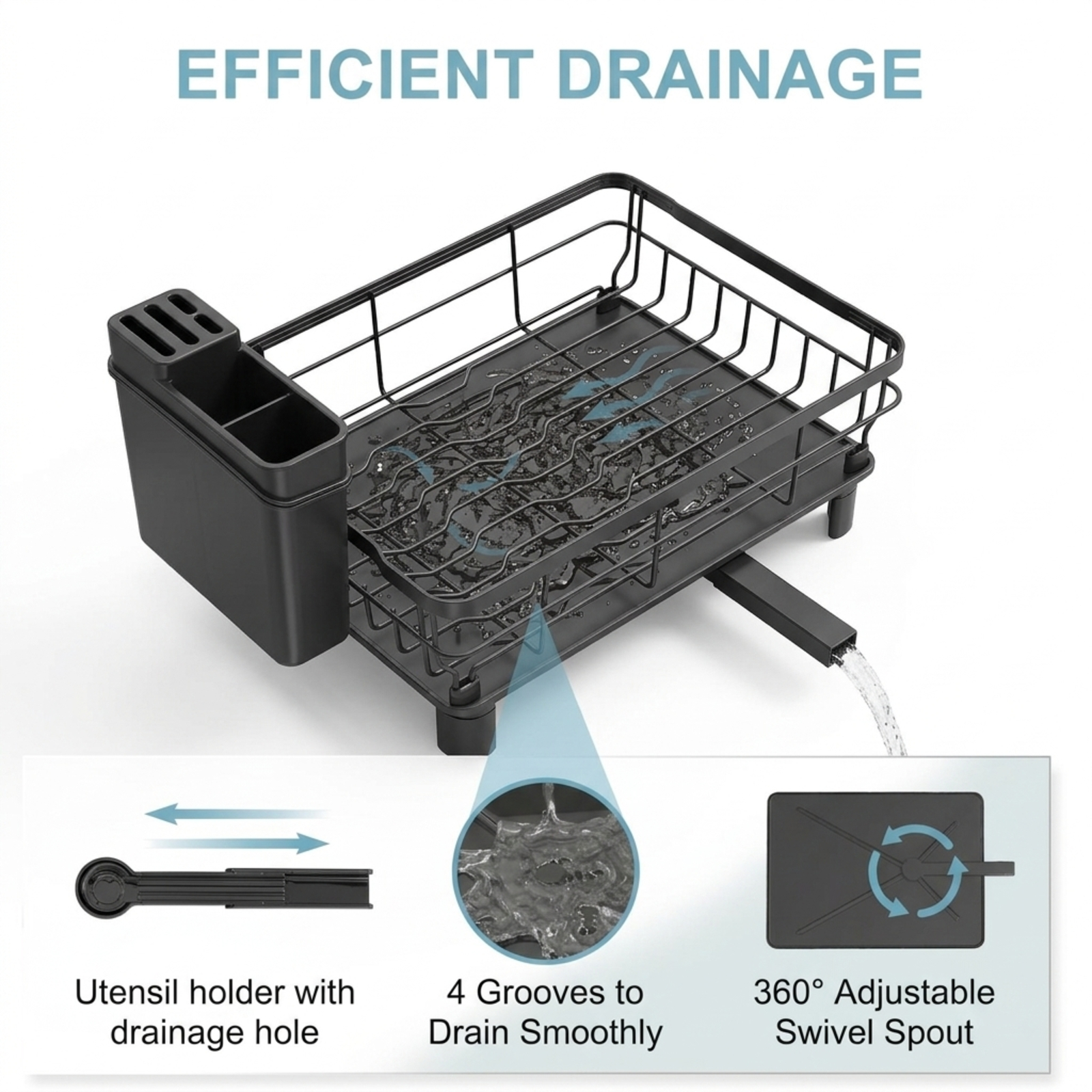 Fenbeli 2-Tier Dish Drying Rack with Rotating Drainage Spout, Rust-Resistant Countertop Dish Rack with Utensil Holder, Black