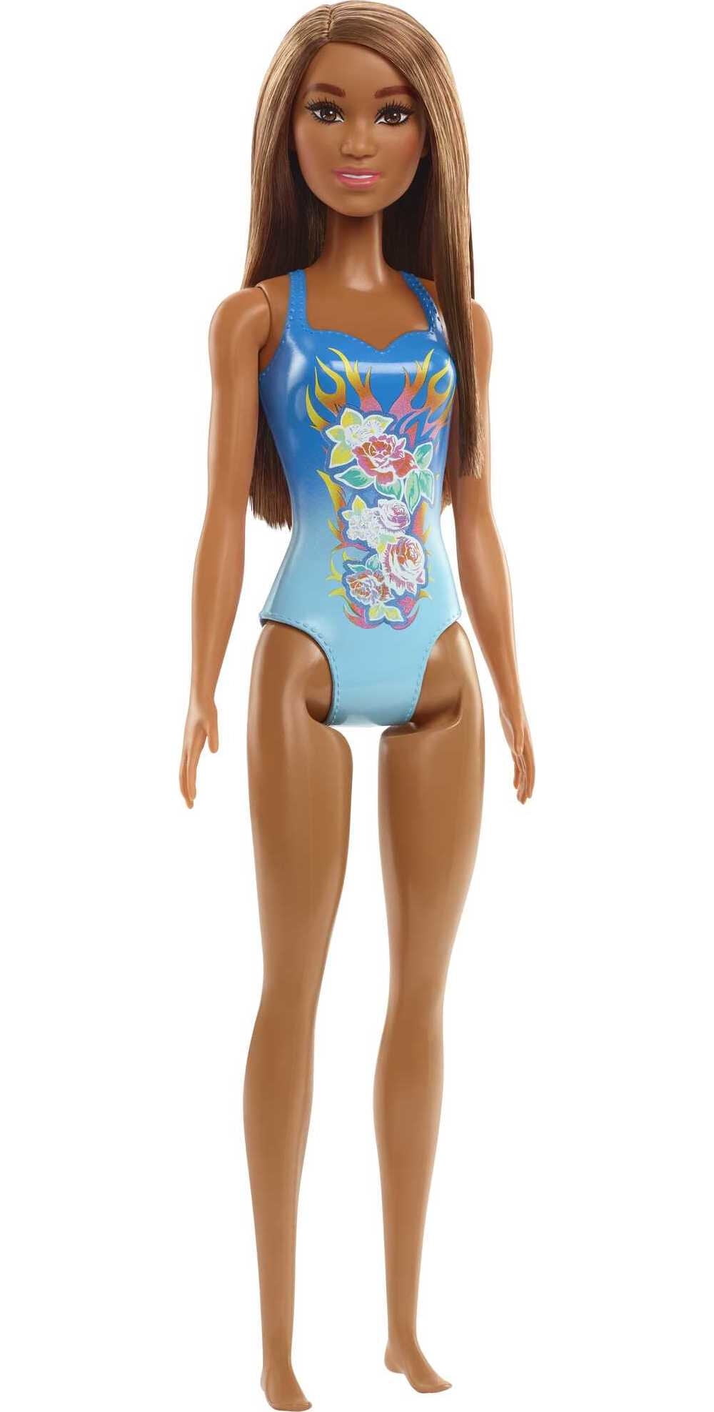 Barbie Beach Doll in Tropical Blue Swimsuit with Straight Brown Hair