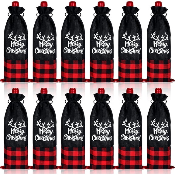 12 Pieces Christmas Wine Bottle Bags Burlap Plaid Bottle Sweater Dress Christmas Santa Wine Sleeve Covers with Drawstring for Xmas Dining Table(Black Red)
