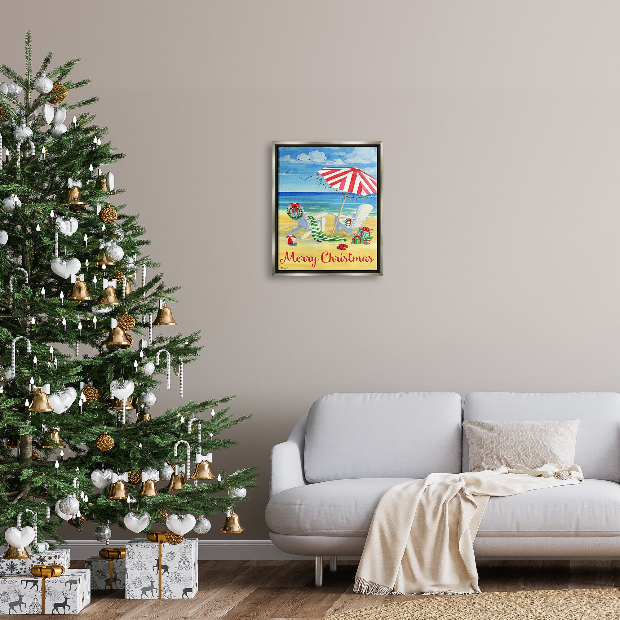 Stupell Industries Coastal Merry Christmas Holiday Painting Gray Floater Framed Art Print Wall Art, 17 x 21