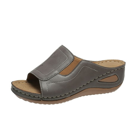 OJSFQUFP Sandals for Women Ladies Fashion Solid Color Leather Open Toe Wedge Heel Platform Casual Sandals Soft Sole Outdoor Beach Shoes Washable House Slippers Grey 41