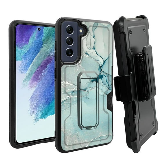 ANJ  Rugged Dual Layer Shockproof Holster Case w/Card Slot, Kickstand   Tempered Glass for Samsung Galaxy S21 FE 5G - Green Marbling