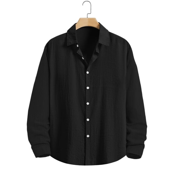 Aobny Button Down Tshirt Linen Solid Mens Shirt Polos Long Sleeve Collared Oversized Shirt,Black,L