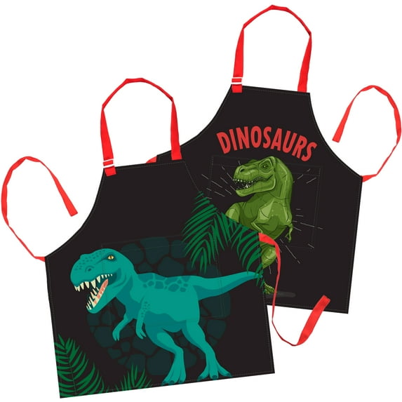 Nidoul 2 PCS Kids Apron Adjustable Dinosaur Kitchen Chef Apron with Big Pocket Girls Boys Bib Apron for Cooking Baking Painting Size 3-12 Years