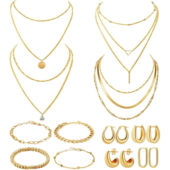 12pcs Gold Jewelry Set for Women, Layered Set of Earring Necklace Bracelets for Women Jewelry Gift