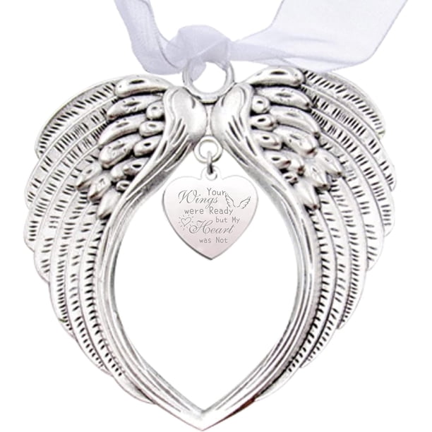 2 adornos navideños conmemorativos de alas de ángel, regalos conmemorativos, colgantes de árbol de corazón para la pérdida de un ser querido, recuerdo de fiesta con cinta de seda.
