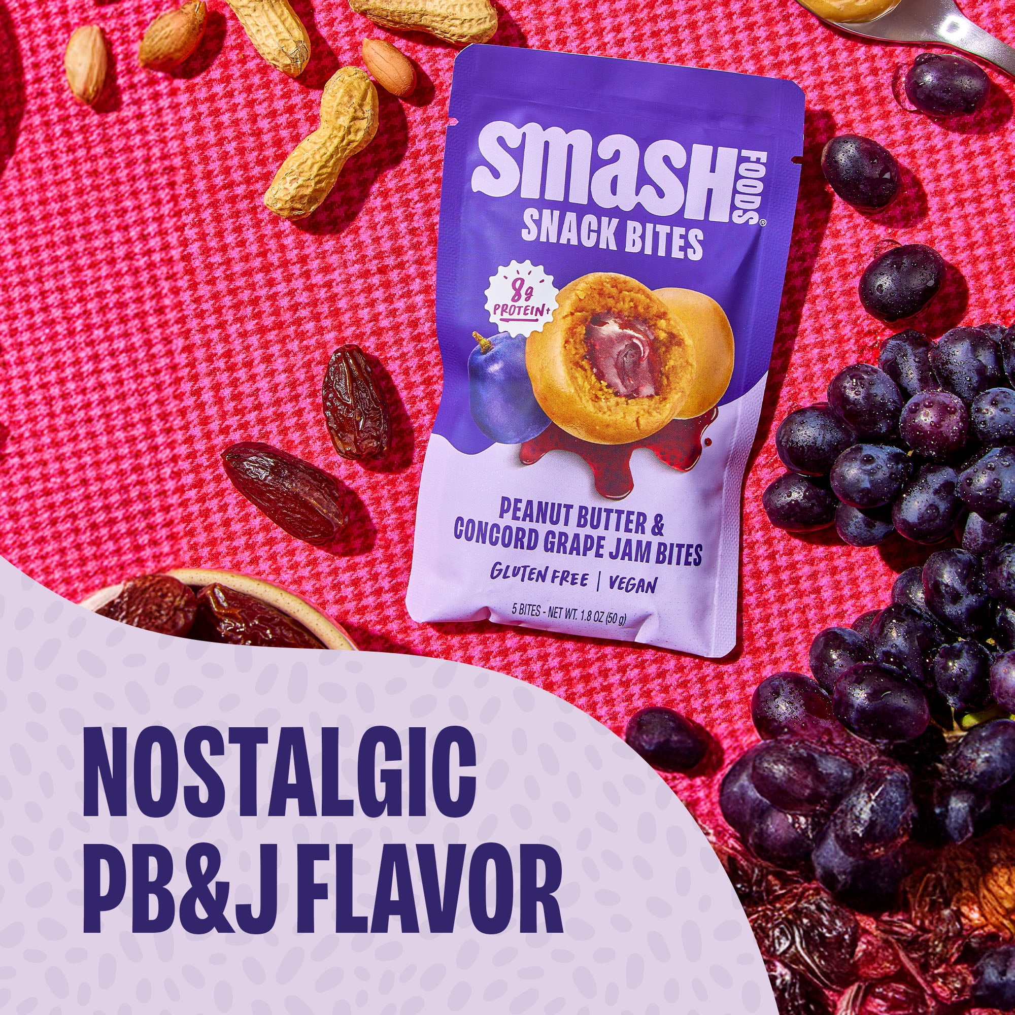 Smash Foods Gluten-Free Vegan Snack Bites (Grape), Protein & Energy, 8-Pack