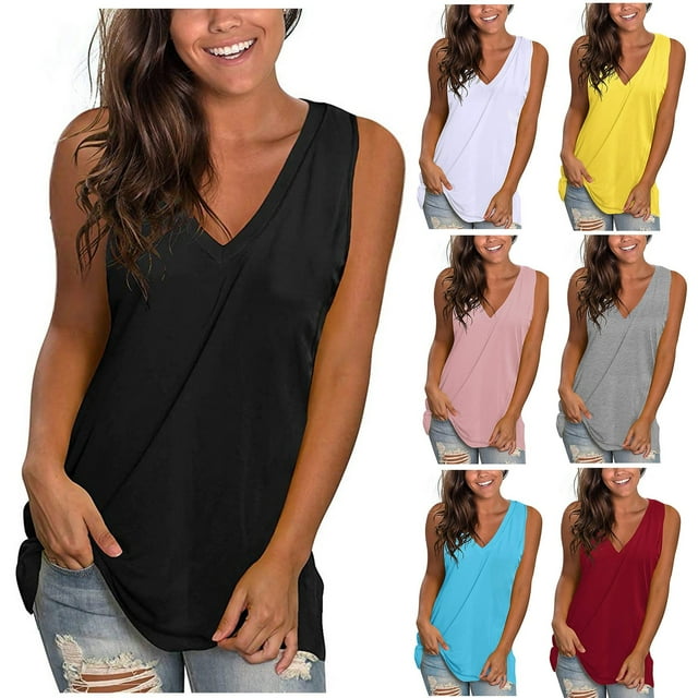 Ashirexll Débardeurs pour Femmes Mode Décontractée Couleur Unie Col en V Sans Manches Blouses Amples d'Été.